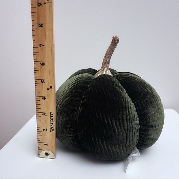 Emerald Green Ribbed Velvet Gold Sparkly Stem Pumpkin Plush Fall Home Decor - Picture 10 of 11